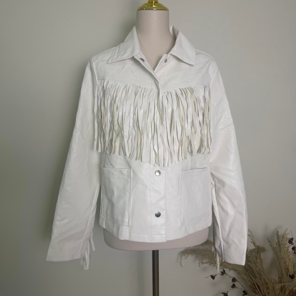 North End White Faux Leather Fringe Western Jacket - Size Small